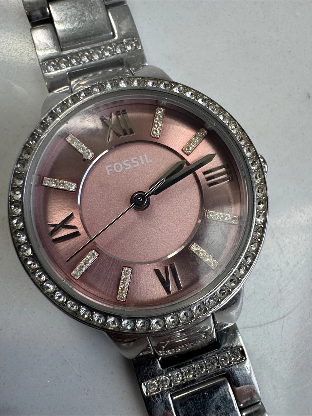Fossil Virginia Stainless Steel 3 hand watch Pink Dial Crystals